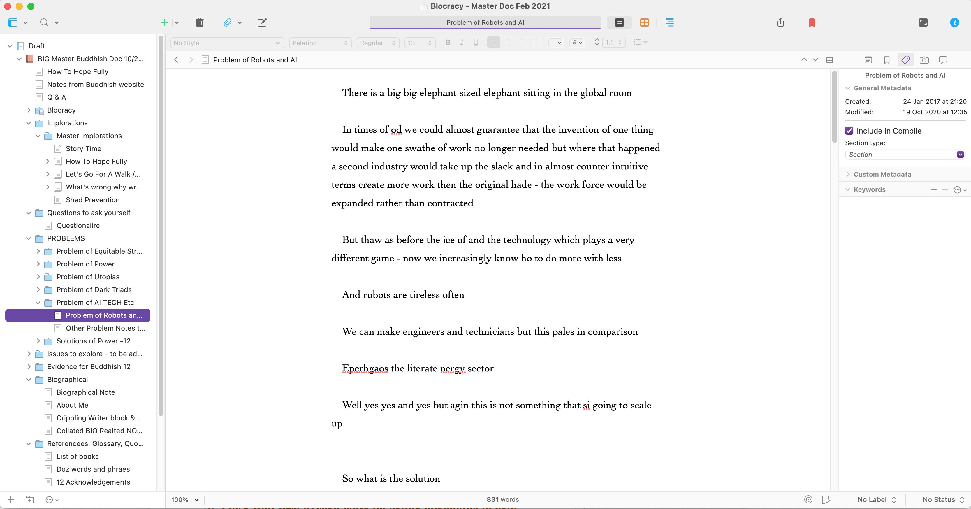Screenshot of Scrivener writing application showing a document titled 'Problem of Robots and AI' with metadata indicating it was created on 24 January 2017 at 21:20 and last modified in October 2020. The visible body text opens with: 'There is a big big elephant sized elephant sitting in the global room.'