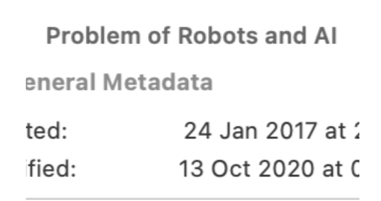 Close-up of the Scrivener general metadata panel showing the document title 'Problem of Robots and AI', creation date '24 Jan 2017', and modification date in October 2020.